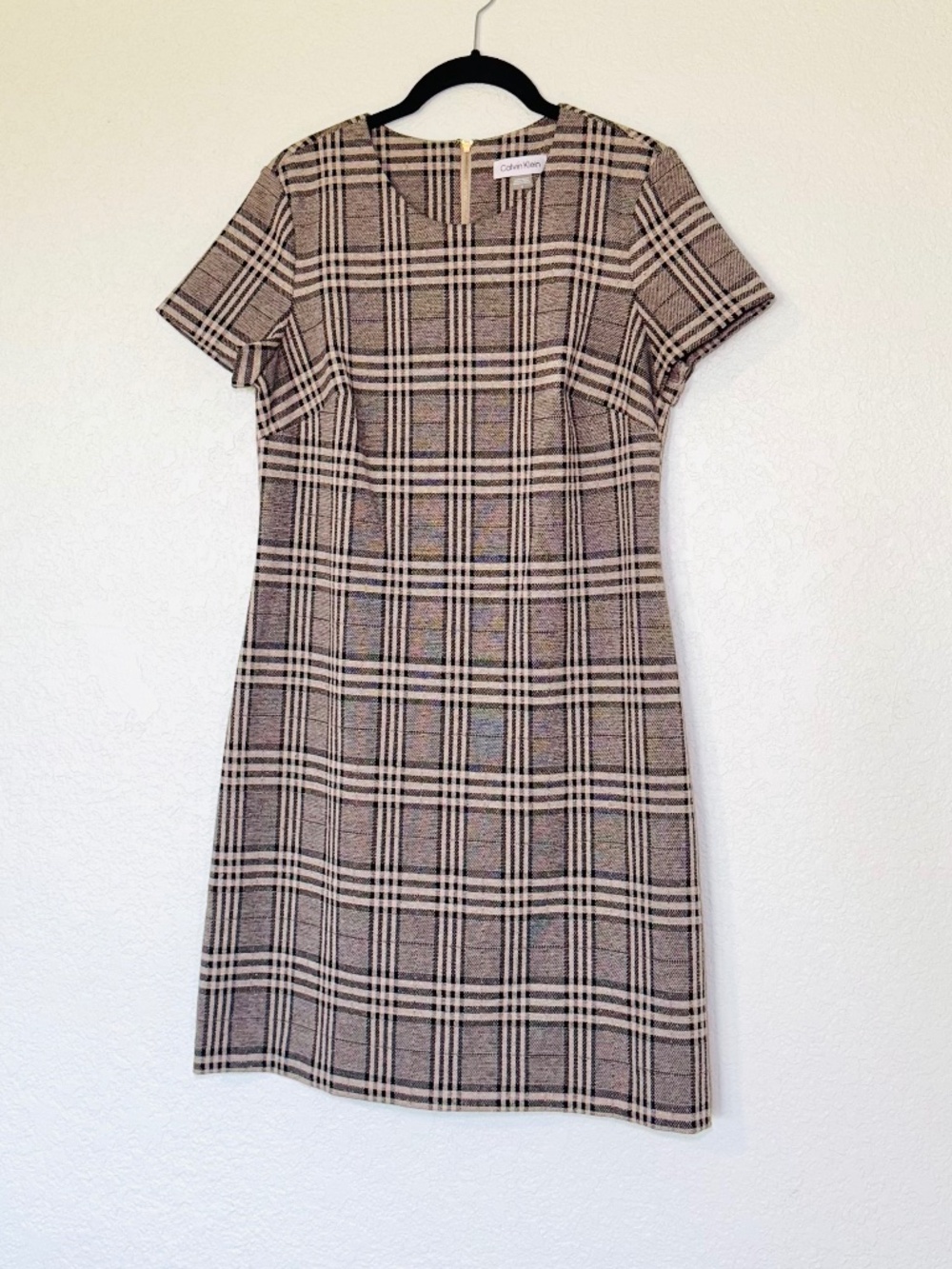 Calvin Klein Sheath Dress 8 Plaid Brown Fall Knit Classic Office Professional